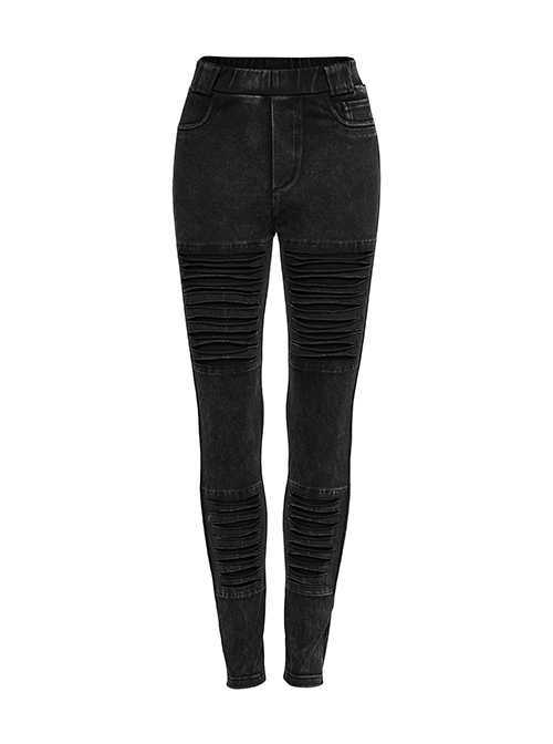 Doomsday Black Fake Hole Knitted Design Unique Distressed Stretch Steampunk Style Slim Jeans