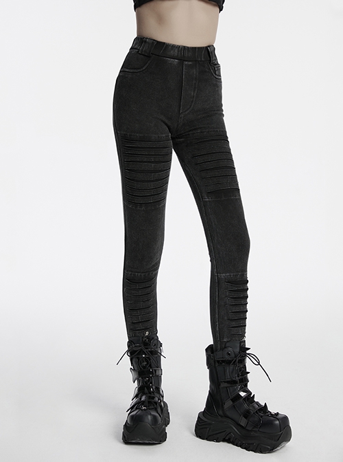 Doomsday Black Fake Hole Knitted Design Unique Distressed Stretch Steampunk Style Slim Jeans