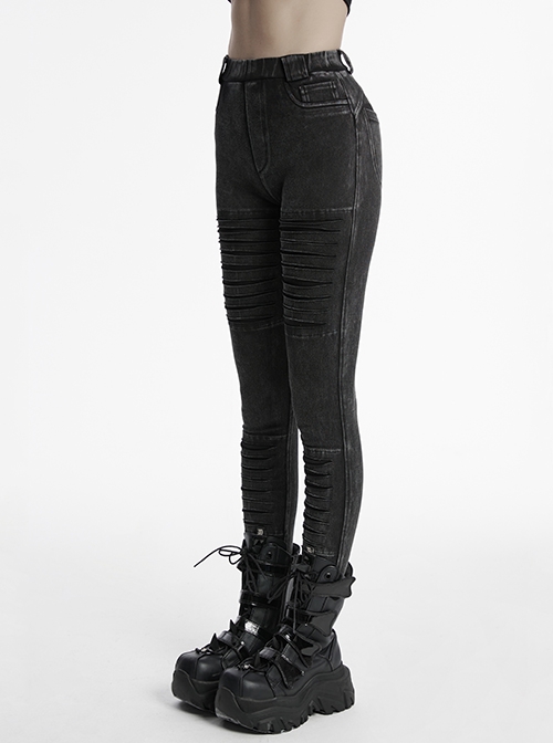 Doomsday Black Fake Hole Knitted Design Unique Distressed Stretch Steampunk Style Slim Jeans