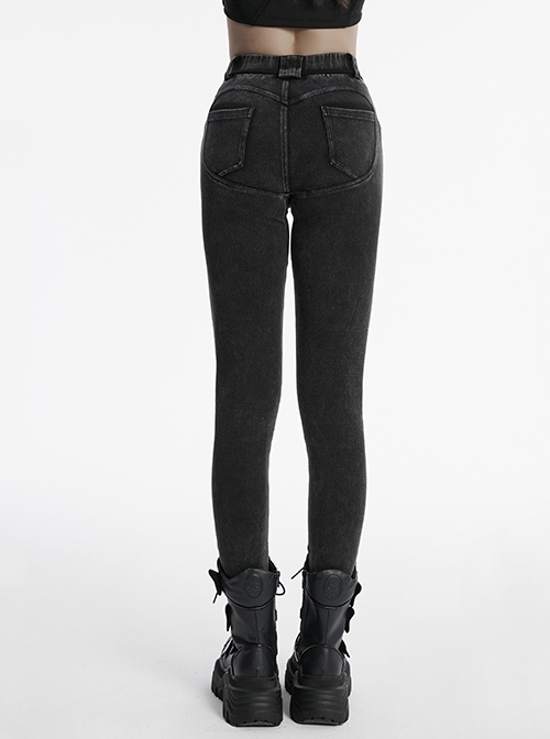 Doomsday Black Fake Hole Knitted Design Unique Distressed Stretch Steampunk Style Slim Jeans