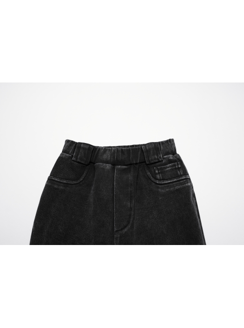 Doomsday Black Fake Hole Knitted Design Unique Distressed Stretch Steampunk Style Slim Jeans