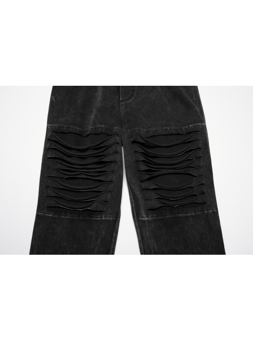 Doomsday Black Fake Hole Knitted Design Unique Distressed Stretch Steampunk Style Slim Jeans