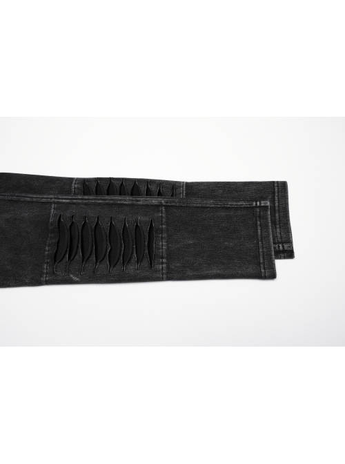 Doomsday Black Fake Hole Knitted Design Unique Distressed Stretch Steampunk Style Slim Jeans
