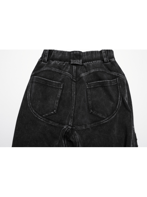Doomsday Black Fake Hole Knitted Design Unique Distressed Stretch Steampunk Style Slim Jeans