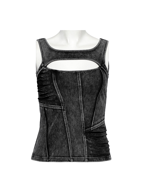 Sexy Black Irregular Stitching Design Chest Hollow Doomsday Steampunk Style Denim Vest