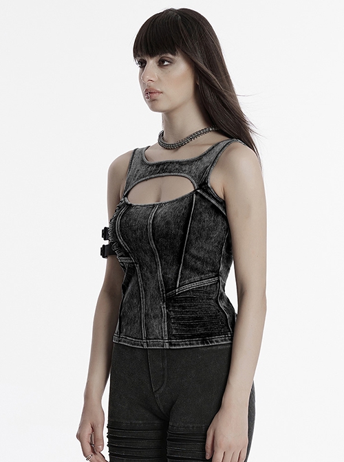 Sexy Black Irregular Stitching Design Chest Hollow Doomsday Steampunk Style Denim Vest