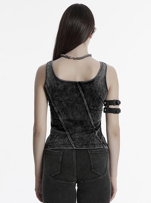 Sexy Black Irregular Stitching Design Chest Hollow Doomsday Steampunk Style Denim Vest