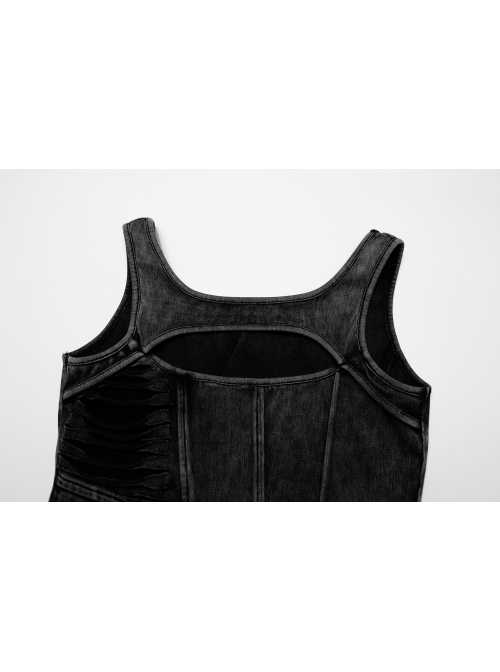 Sexy Black Irregular Stitching Design Chest Hollow Doomsday Steampunk Style Denim Vest