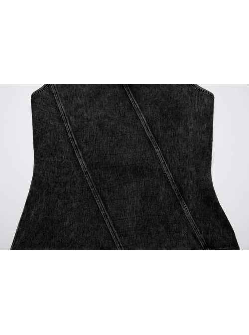 Sexy Black Irregular Stitching Design Chest Hollow Doomsday Steampunk Style Denim Vest