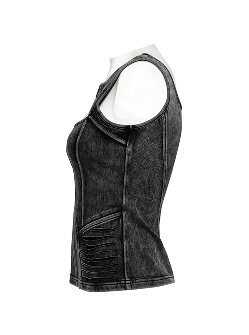 Sexy Black Irregular Stitching Design Chest Hollow Doomsday Steampunk Style Denim Vest