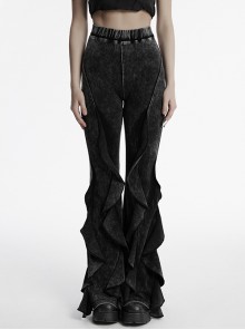 Doomsday Wasteland Black Retro Distressed Ruffled Fishtail Hem Steampunk Style Tight Flared Pants