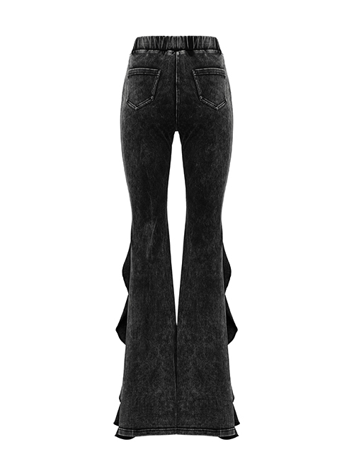 Doomsday Wasteland Black Retro Distressed Ruffled Fishtail Hem Steampunk Style Tight Flared Pants