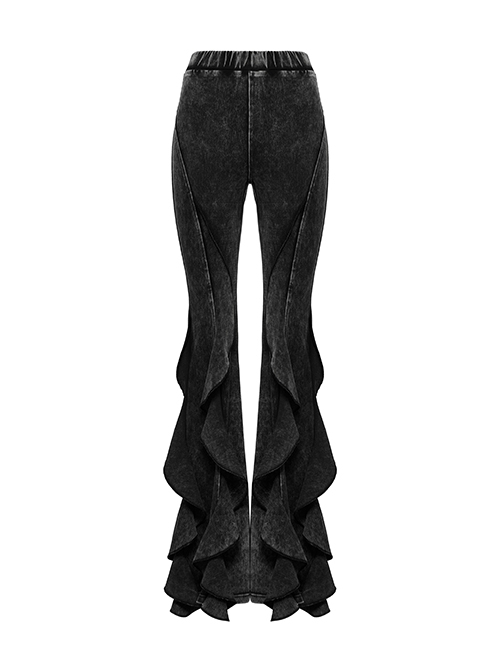 Doomsday Wasteland Black Retro Distressed Ruffled Fishtail Hem Steampunk Style Tight Flared Pants