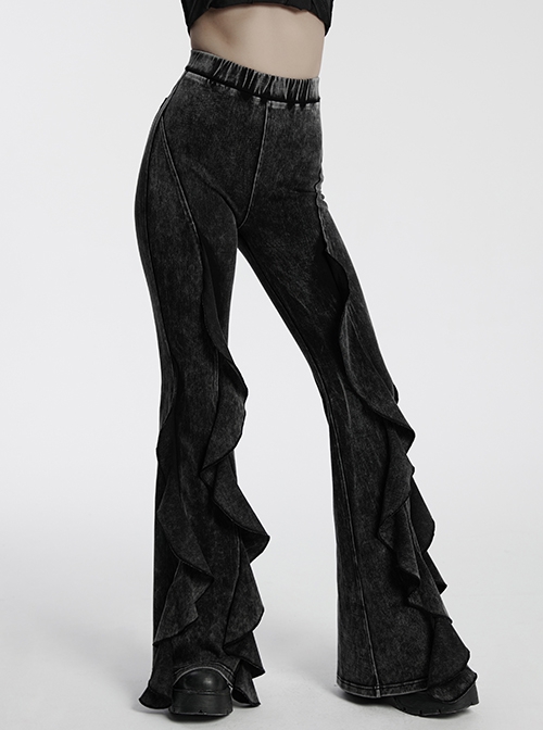 Doomsday Wasteland Black Retro Distressed Ruffled Fishtail Hem Steampunk Style Tight Flared Pants