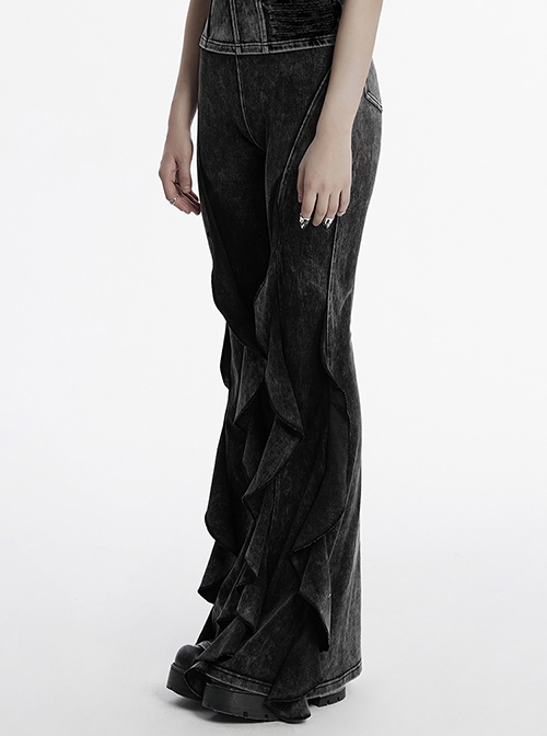 Doomsday Wasteland Black Retro Distressed Ruffled Fishtail Hem Steampunk Style Tight Flared Pants