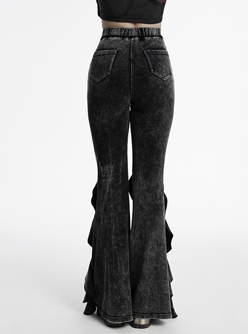 Doomsday Wasteland Black Retro Distressed Ruffled Fishtail Hem Steampunk Style Tight Flared Pants
