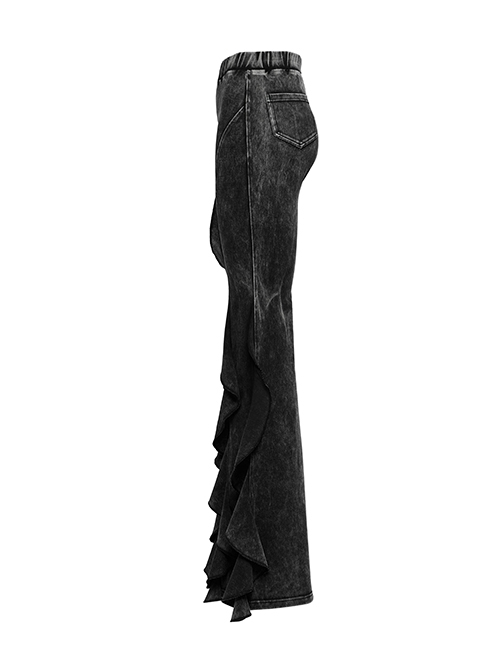 Doomsday Wasteland Black Retro Distressed Ruffled Fishtail Hem Steampunk Style Tight Flared Pants