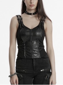 Black Cool Metal Buckle Leather Patchwork Design Back Cross Straps Steampunk Style Tight Vest