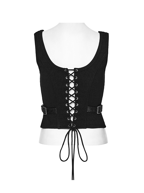 Black Cool Metal Buckle Leather Patchwork Design Back Cross Straps Steampunk Style Tight Vest
