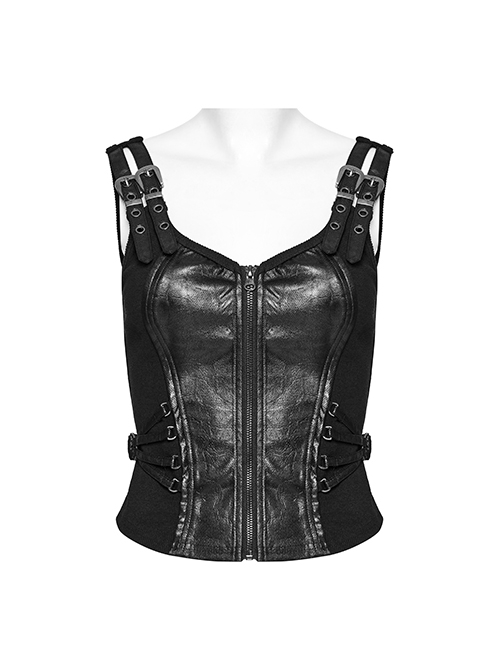 Black Cool Metal Buckle Leather Patchwork Design Back Cross Straps Steampunk Style Tight Vest