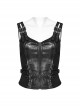 Black Cool Metal Buckle Leather Patchwork Design Back Cross Straps Steampunk Style Tight Vest
