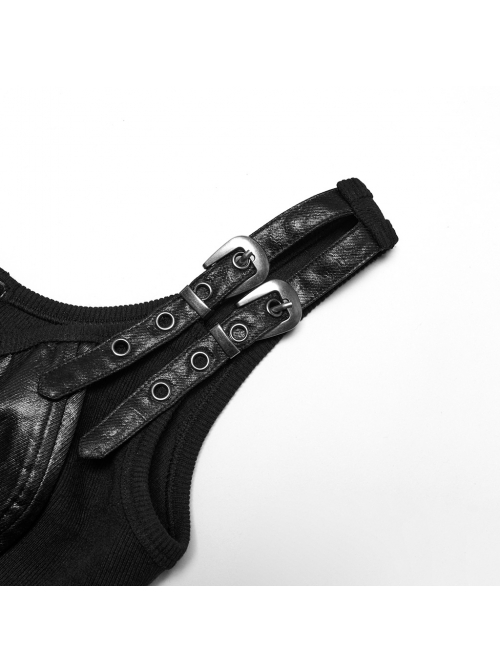 Black Cool Metal Buckle Leather Patchwork Design Back Cross Straps Steampunk Style Tight Vest