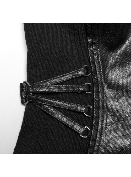 Black Cool Metal Buckle Leather Patchwork Design Back Cross Straps Steampunk Style Tight Vest