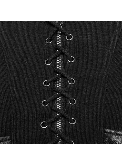 Black Cool Metal Buckle Leather Patchwork Design Back Cross Straps Steampunk Style Tight Vest