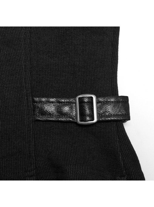 Black Cool Metal Buckle Leather Patchwork Design Back Cross Straps Steampunk Style Tight Vest