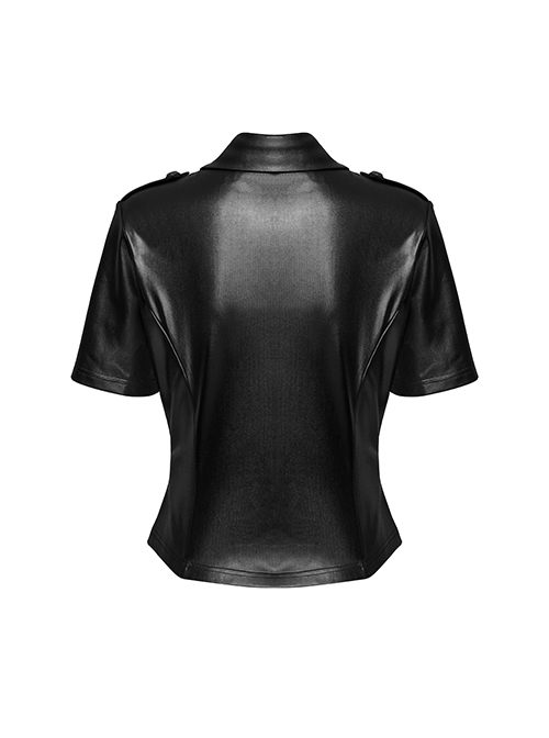 Handsome Black Military Style Belt Design Metal Buckle Decoration Steampunk Style Short Sleeves Shirt