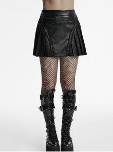 Black Cool Personality Pleated Leather Splicing Mesh Metal Zipper Steampunk Style Skirt