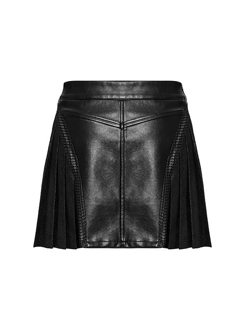 Black Cool Personality Pleated Leather Splicing Mesh Metal Zipper Steampunk Style Skirt