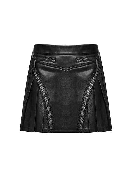 Black Cool Personality Pleated Leather Splicing Mesh Metal Zipper Steampunk Style Skirt