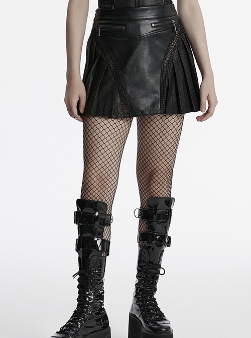 Black Cool Personality Pleated Leather Splicing Mesh Metal Zipper Steampunk Style Skirt