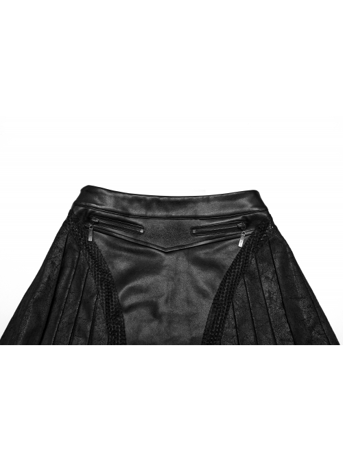 Black Cool Personality Pleated Leather Splicing Mesh Metal Zipper Steampunk Style Skirt