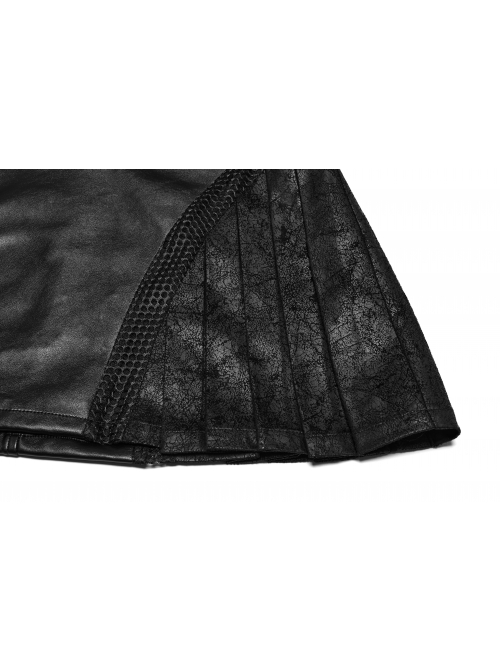 Black Cool Personality Pleated Leather Splicing Mesh Metal Zipper Steampunk Style Skirt