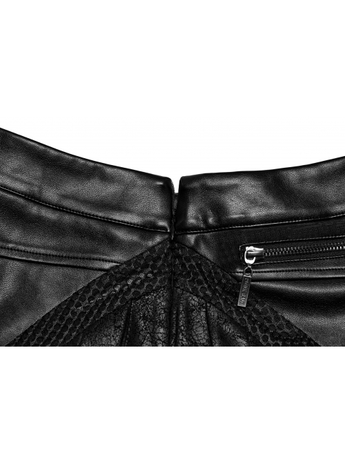Black Cool Personality Pleated Leather Splicing Mesh Metal Zipper Steampunk Style Skirt