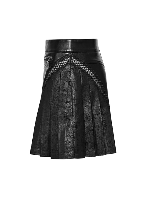Black Cool Personality Pleated Leather Splicing Mesh Metal Zipper Steampunk Style Skirt