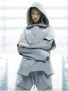 Ghost Hacker Autumn Winter Street Loose Half-Open Collar Double-Layer Sleeves Hooded Cyberpunk Long Sleeves Hoodie