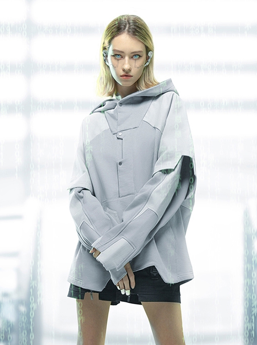 Ghost Hacker Autumn Winter Street Loose Half-Open Collar Double-Layer Sleeves Hooded Cyberpunk Long Sleeves Hoodie
