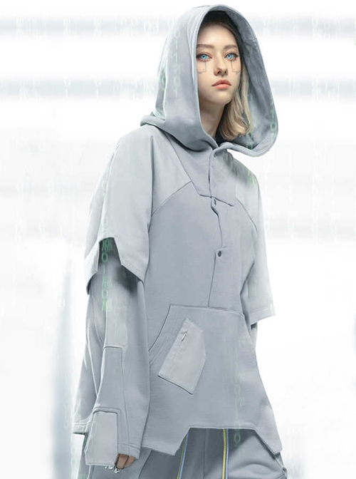 Ghost Hacker Autumn Winter Street Loose Half-Open Collar Double-Layer Sleeves Hooded Cyberpunk Long Sleeves Hoodie