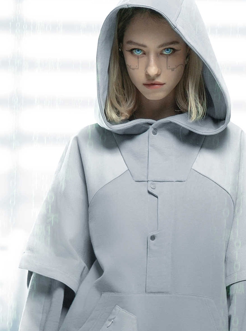 Ghost Hacker Autumn Winter Street Loose Half-Open Collar Double-Layer Sleeves Hooded Cyberpunk Long Sleeves Hoodie