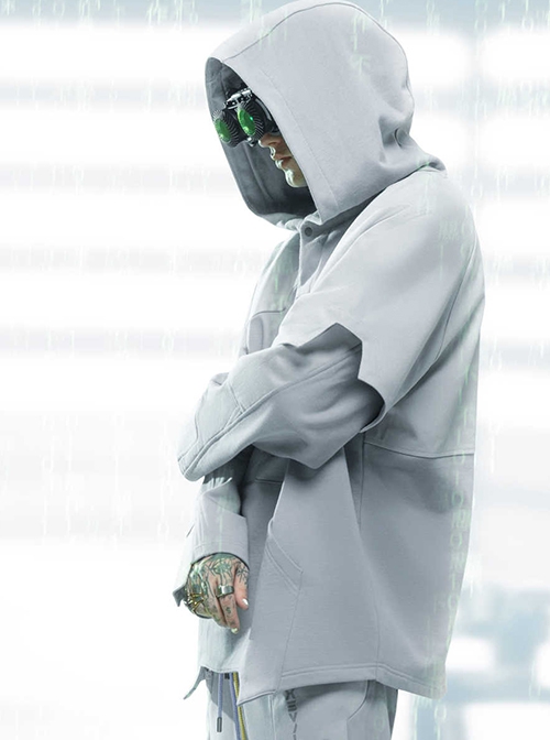 Ghost Hacker Autumn Winter Street Loose Half-Open Collar Double-Layer Sleeves Hooded Cyberpunk Long Sleeves Hoodie