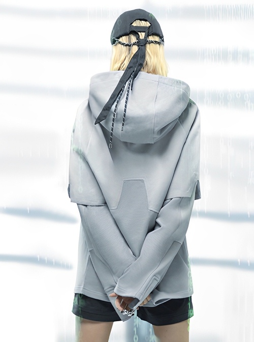 Ghost Hacker Autumn Winter Street Loose Half-Open Collar Double-Layer Sleeves Hooded Cyberpunk Long Sleeves Hoodie