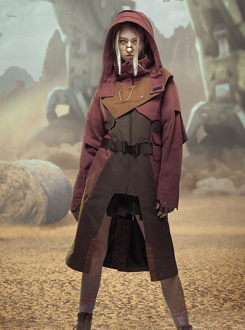 Motorized Cowboy Sunset Scarlet Wilderness Functional Style Multi-Pleated Hood Cyberpunk Long Hooded Windbreaker