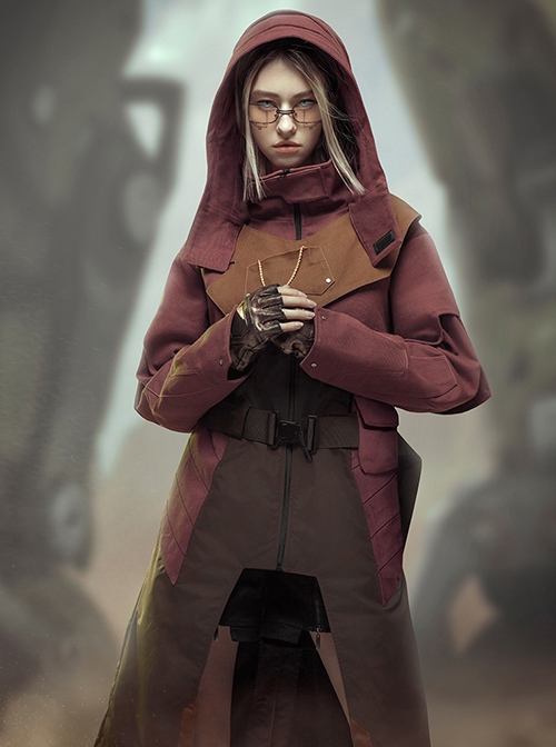 Motorized Cowboy Sunset Scarlet Wilderness Functional Style Multi-Pleated Hood Cyberpunk Long Hooded Windbreaker