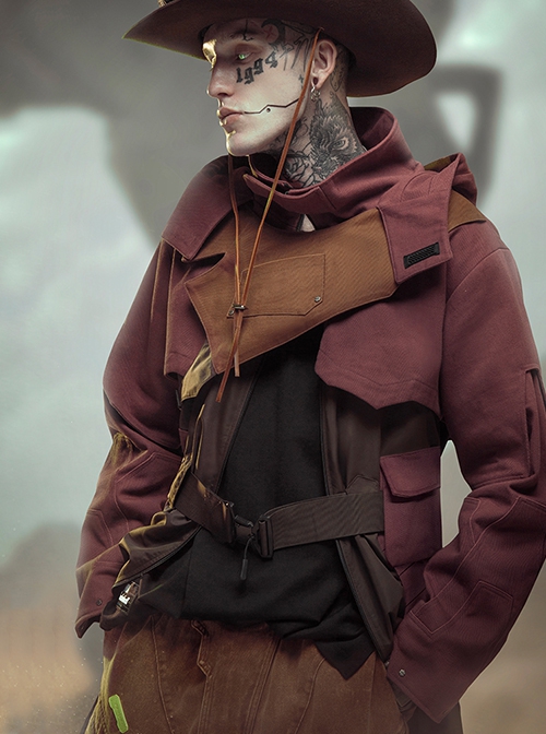 Motorized Cowboy Sunset Scarlet Wilderness Functional Style Multi-Pleated Hood Cyberpunk Long Hooded Windbreaker
