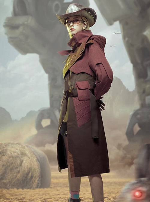 Motorized Cowboy Sunset Scarlet Wilderness Functional Style Multi-Pleated Hood Cyberpunk Long Hooded Windbreaker