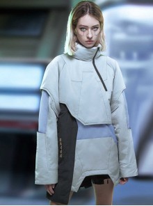 Chinese Style Winter Mecha Waterproof Thickened High Collar Irregular Hem Cyberpunk Mid-Length Padded Jacket
