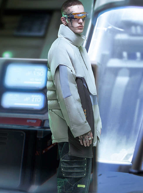 Chinese Style Winter Mecha Waterproof Thickened High Collar Irregular Hem Cyberpunk Mid-Length Padded Jacket